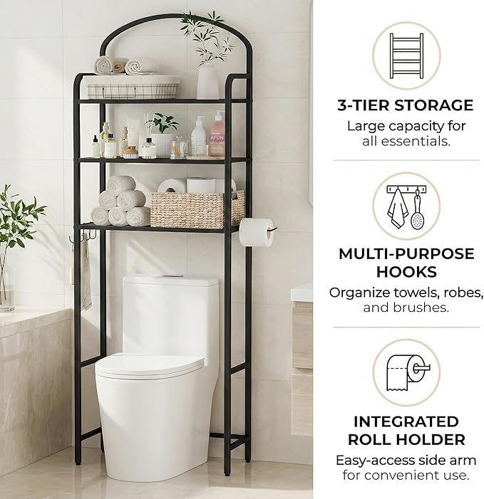 3-Tier Over The Toilet Storage, Bathroom Organizer, Space-Saving, Above Toilet Storage Rack with 4 Hooks and Paper Holder, Metal Shelf, Black