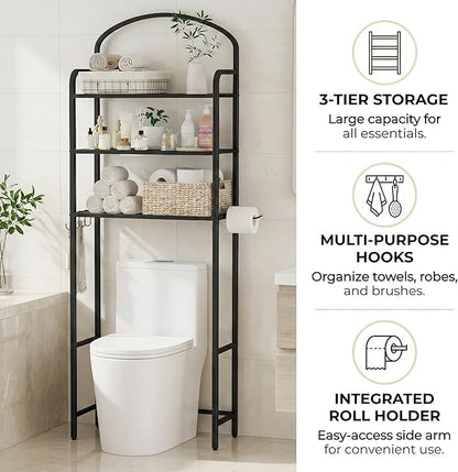 3-Tier Over The Toilet Storage, Bathroom Organizer, Space-Saving, Above Toilet Storage Rack with 4 Hooks and Paper Holder, Metal Shelf, Black