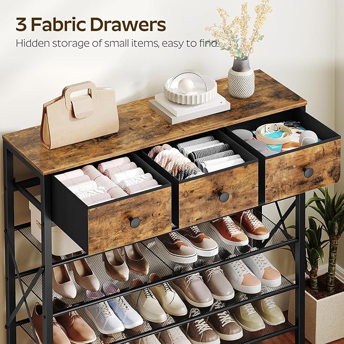 5-Tier Shoe Rack with 3 Drawers, Metal Shoe Organizer for 20 Pairs with Storage Shelves and Wooden Top, for Entryway, Hallway, Foyer, Closet, Rustic Brown and Black SS35BR