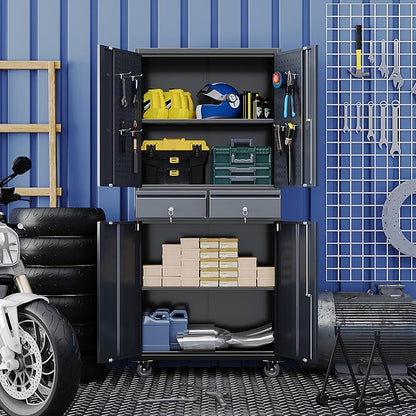 Garage Storage Cabinet with Wheels and Doors,71" H Metal Storage Cabinet with Pegboard and 2 Drawers for Garage, Warehouse,Home,Required Assembly,Black and Dark Grey