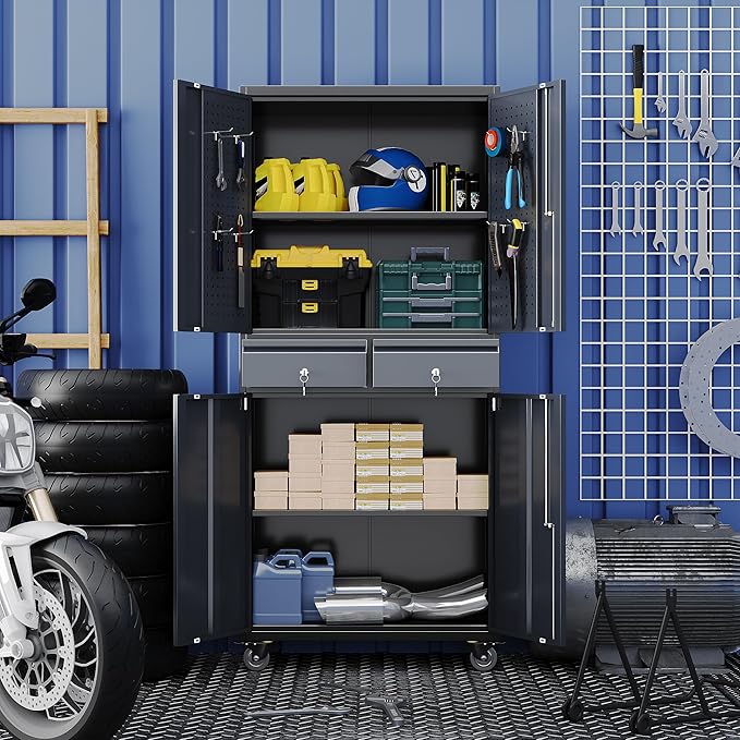 Garage Storage Cabinet with Wheels and 2 Drawers, Locking Metal Storage Cabinet with 2 Adjustable Shelves and 4 Doors for Garage, Home, Assembly Required, Black and Dark Gray