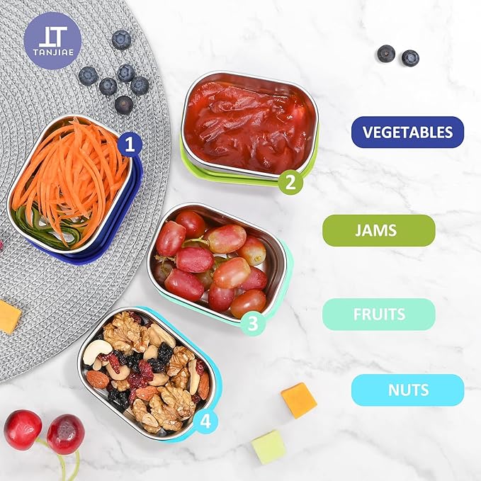 4Pack 8oz Small (1 CUP) Stainless Steel Snack Containers for Kids | Reusable Easy Open Toddler Snack Containers with Silicone Lids | Stackable Toddler Lunch Box for Daycare, School and Travel