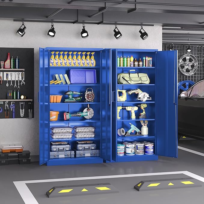 Metal Cabinet with Lock, Tall Storage Cabinet with Door and Adjustable Shelves,Blue Steel Storage Cabinets for Garage,Home Office,Pantry,School,Hospital
