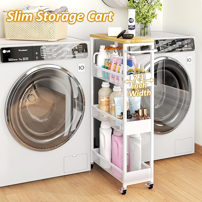 Slim Storage Cart on Wheels, 4 Tier Metal Narrow Rolling Cart with Handle and Wood Top, Multifunctional Small Mobile Shelf Unit Organizer Trolley for Laundry, Bathroom, Kitchen