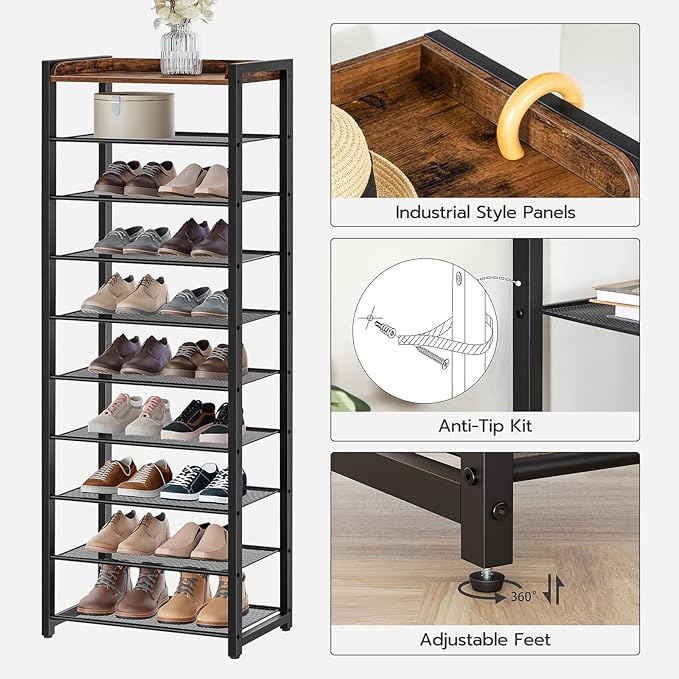 HOOBRO 10-Tier Shoe Rack, 20.5" L Shoe Storage Organizer, Narrow Shoe Shelf, Saving Space, Stable and Sturdy, Hold 18-20 Pairs of Shoes, for Entryway, Hallway, Living Room, Rustic Brown BF40XJ01