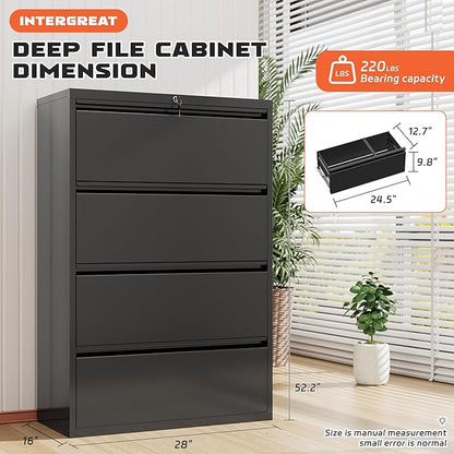 INTERGREAT 4 Drawer File Cabinet, Lateral File Cabinet with Lock, Metal Office Filing Cabinet with Adjustable Frame for Legal, Letter, A4 Files, Fast Assembeld, Black