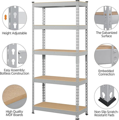 Topeakmart 5-Tier Utility Shelves, Metal Storage Shelves, Adjustable Shelving Units, Boltless Assembly, Garage Shelves Shed Shelving for Warehouse Garage Shed Basement- Light Gray, 27.5 x 12x 60 Inch
