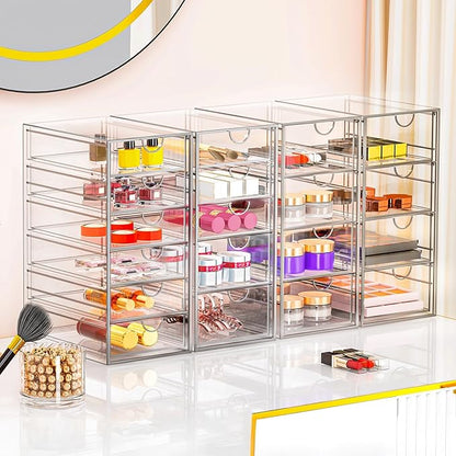Acrylic Makeup Organizer with 31 Drawers, 6 Pack Clear Storage Drawers, Bathroom Makeup Organizer for Palettes, Cosmetic, and Beauty Supplies,Ideal for Vanity, Cabinet,Desk Organization