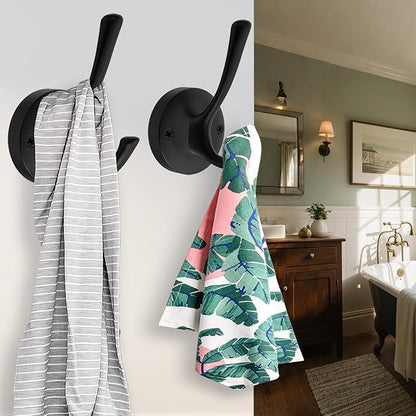 Black Wall Hooks Towel Hooks, 3 Pack Coat Hooks Robe Hook Heavy Duty Metal Double Bath Hook Wall Mounted, Hand Towel Hooks for Entryway Bathroom Kitchen Closet Garage