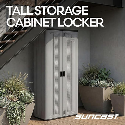 Suncast Tall Storage Cabinet, Platinum Resin Garage Storage Cabinet with Doors & Shelves, Plastic, Lockable, Freestanding Utility Closet for Tools & Supplies, Made in USA