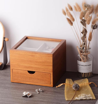 Jewelry Box with Glass Lid, 2 Layer Jewelry Organizer for Women, Solid Wooden Jewelry Box Display for Ring Earrings Necklace Bracelet, Pine Wood Jewelry Boxes Vintage Style for Gifts