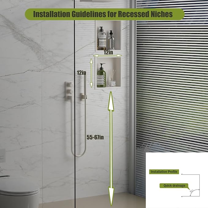 Stainless Steel Shower Niche 12"x12"，Shower Inserts Kit for Bathroom ， Recessed Shower Shelf Organizer for Storage Matte White （12"x12"）
