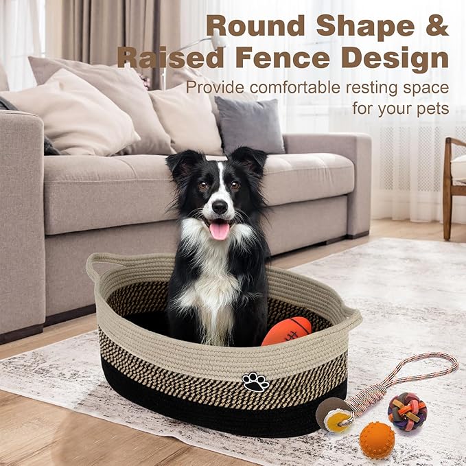Dog Toy Basket, Toy Box and Bin for Dog Cat Storage, 19.7" X 11" X 7.9" (30L) Large Woven Rope Basket for Blanket Storage, Living Room, Bedroom, Black & Brown