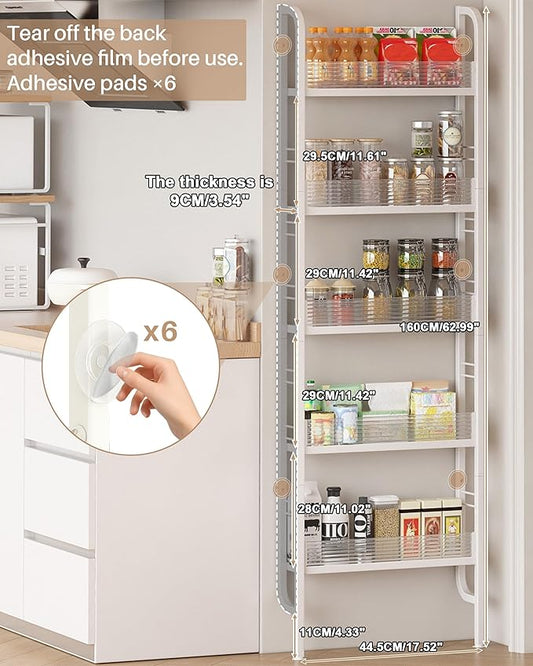 UMDONX Behind The Door Bathroom Shelf Narrow 5-Tier, Slim Space-Saving Storage Shelf, Freestanding Narrow Shelving Unit for Bathroom, Kitchen, Closet and Laundry Room