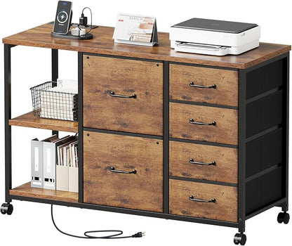 6 Drawer File Cabinet with Charging Station Rolling Printer Stand with Open Storage Shelf Fabric Lateral Filing Cabinet for Home Office,Rustic Brown2