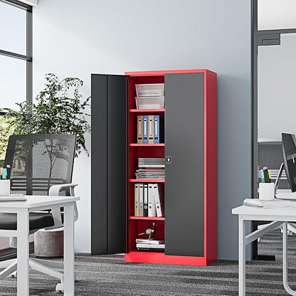 Metal Storage Cabinet-72” Tall Steel File Cabinets with Lockable Doors and Adjustable Shelves-Black&Red Steel Storage Cabinet for Kitchen, Office, Garage