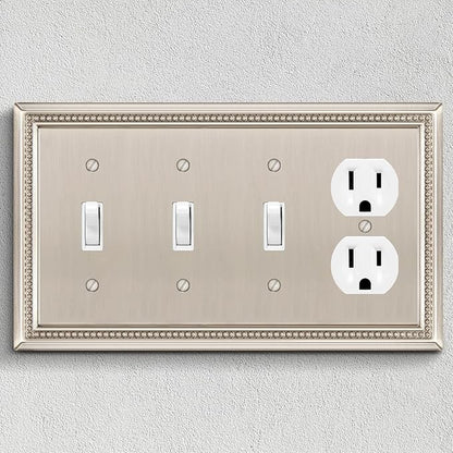 Henne Bery Sunken Pearls Heavy Duty Decorative Wall Plate Switch Plate Outlet Cover (Triple Toggle/Single Duplex, Satin Nickel)