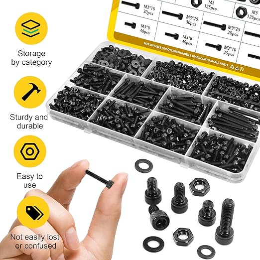 750PCS M3 Screws Assortment Kit, M3x6/8/10/12/16/20/25/30 mm Hex Socket Head Bolts, Nuts & Washers Assorted Set - 12.9 Alloy Steel Black Zinc Plated M3 Screw for 3D Printer,DIY