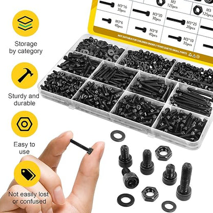 750PCS M3 Screws Assortment Kit, M3x6/8/10/12/16/20/25/30 mm Hex Socket Head Bolts, Nuts & Washers Assorted Set - 12.9 Alloy Steel Black Zinc Plated M3 Screw for 3D Printer,DIY