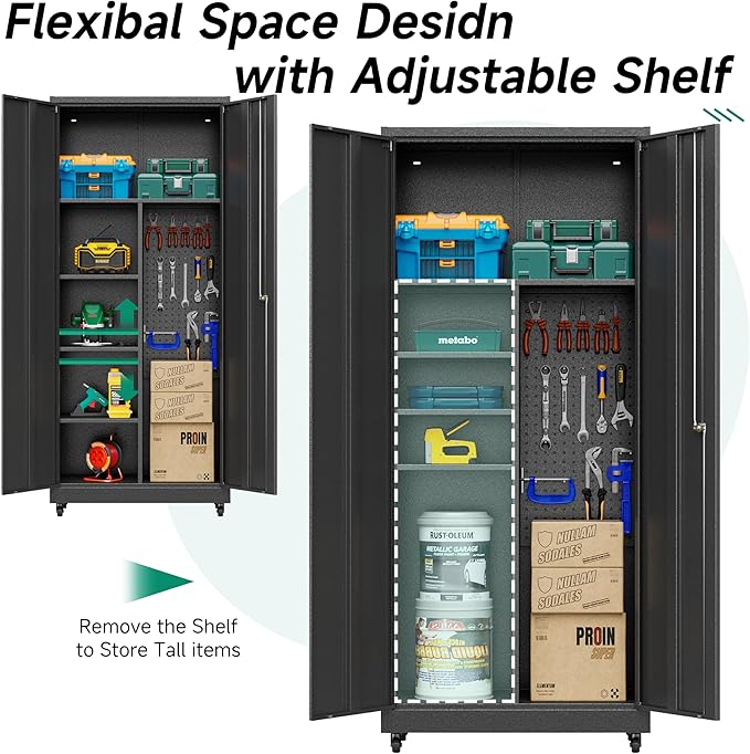 Metal Garage Storage Cabinet with Wheels, Locking Doors and Adjustable Shelves - Tall Black Cabinet for Office, Home, Garage, Shop