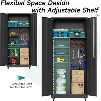 Metal Garage Storage Cabinet with Wheels, Locking Doors and Adjustable Shelves - Tall Black Cabinet for Office, Home, Garage, Shop