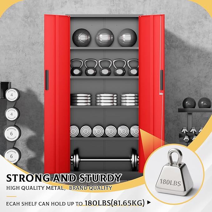 SUNCROWN 72" Metal Storage Cabinet - Heavy-Duty Metal Garage Cabinet with 4 Adjustable Shelves & 2 Doors for Tools, Office, Home, Workshop,Black & Red-Small