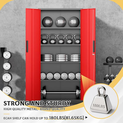 SUNCROWN 72" Metal Storage Cabinet - Heavy-Duty Metal Garage Cabinet with 4 Adjustable Shelves & 2 Doors for Tools, Office, Home, Workshop,Black & Red-Small
