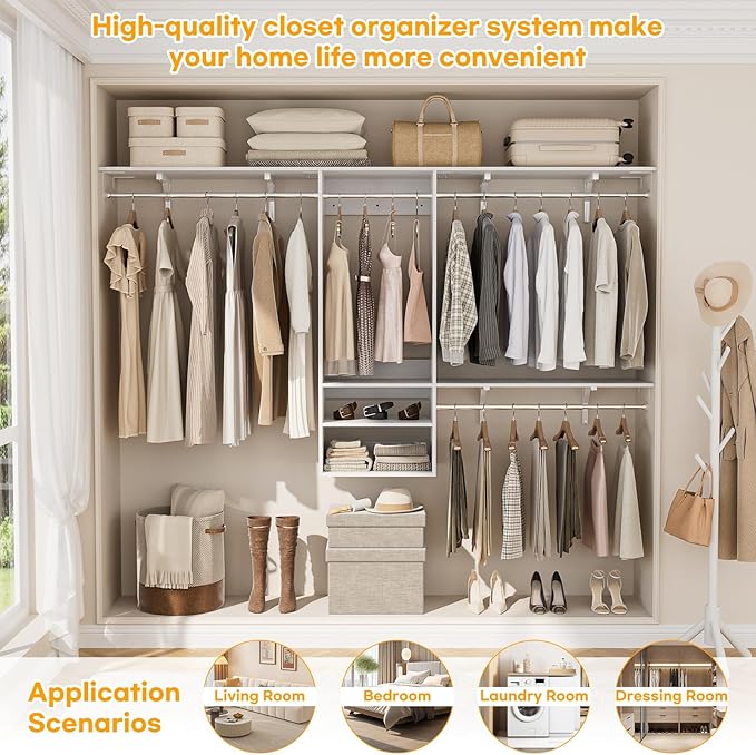Cyclysio 96 Inch Closet System, 8 FT Hanging Closet Organizer System, Walk in Closet System with 4 Adjustable Rods and 3 Shelving Towers for 4-8FT Spaces(Cut-to-Fit), White