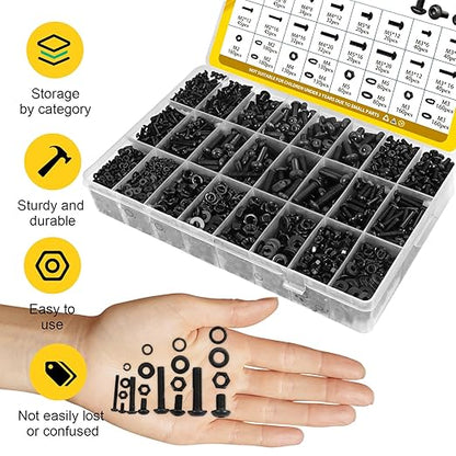 2200PCS M2 M3 M4 M5 Metric Screws Assortment Kit, Hex Socket Button Head Assorted kit, Machine Screw Set with Nuts & Washers,10.9 Alloy Steel Black Zinc Plated for 3D Printing
