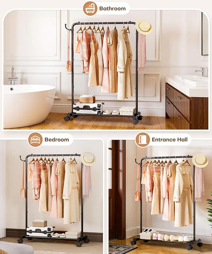 Homde Rolling Clothes Rack with Hooks: Standing Garment Storage for Indoor - Hanging Rod for Bedroom Laundry Room - Coat Dress Organizer on Wheels with luggage shelf (Black, 32")