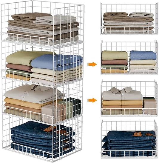 4-Tier Stackable Closet Organizers and Storage Basket, Foldable Closet Shelf Organizer System, Space-Saving Clothes Storage Drawer Organizer for Wardrobe, White (Patent Pending)