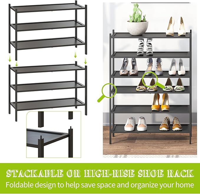BMOSU 3-Tier Bamboo Shoe Rack Premium Stackable Shoe Shelf Storage Organizer for Hallway Closet Living Room Entryway Organizer(Black)