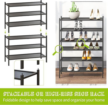 BMOSU 3-Tier Bamboo Shoe Rack Premium Stackable Shoe Shelf Storage Organizer for Hallway Closet Living Room Entryway Organizer(Black)