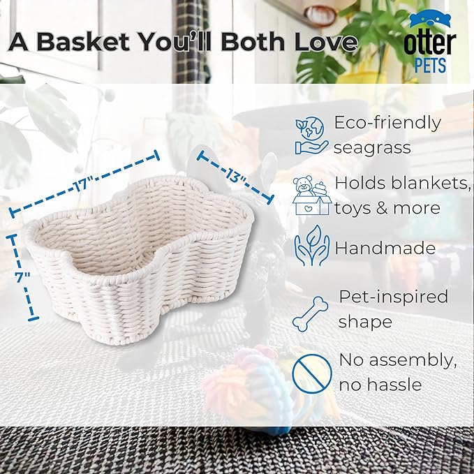 Dog Toy Basket, Handmade Dog Toy Bin, Bone Shaped Pet Organizer, Cat Storage Box (Cotton Rope, 17x13in)
