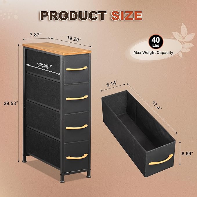Narrow Dresser Storage Tower with 4 Drawers, Slim Dresser Chest of Drawers with Steel Frame, Wood Top, Dresser for Bedroom, Bathroom, Small Spaces, Laundry, Closet (Black)