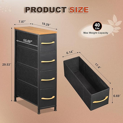 Narrow Dresser Storage Tower with 4 Drawers, Slim Dresser Chest of Drawers with Steel Frame, Wood Top, Dresser for Bedroom, Bathroom, Small Spaces, Laundry, Closet (Black)