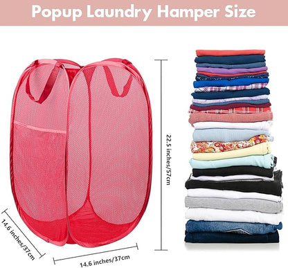 DUCOO Pop Up Hamper, 2 PCS Mesh Pop Up Laundry Hamper, Foldable Mesh Laundry Basket with Space Saving Design for Home, Dorm, Travel and Storage, Red