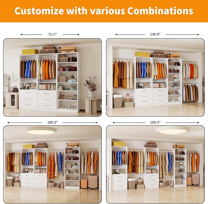 Closet System with 3 Sets, 6FT Closet Organizer Systems with 6 Wooden Drawers 8 Shelves & 4 Hanging Rods, Walk in Closet freestanding Corner Modular Closet Storage System White (6FT)
