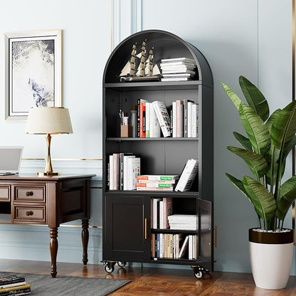 Metal Arched Bookcase with Wheels, Black Arched Bookshelf with 2 Adjustable Shelf for Home Office Living Room,Required Assembly