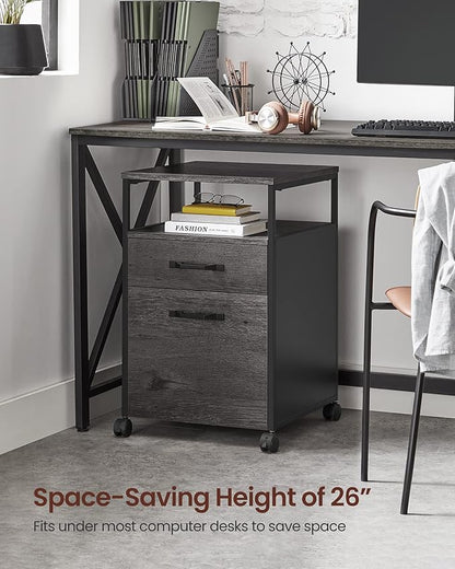 VASAGLE File Cabinet, Mobile Filing Cabinet with Wheels, 2 Drawers, Open Shelf, for A4, Letter Size, Hanging File Folders, Charcoal Gray and Ink Black UOFC071B04