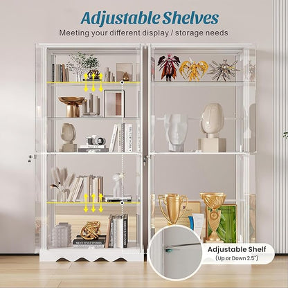 Glass Display Cabinet with Doors, RGB Curio Cabinet with LED Lights for Collectibles, Display Case with Adjustable Shelf, White
