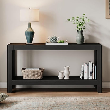 59-Inch Long Console Table, Modern Farmhouse 2-Tier Console Table, Elegant Minimalist Design with Premium Wood Veneer and Rounded Corners for Entrance, Hallway, Living Room (Black-880)