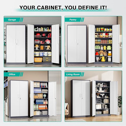 Metal Storage Cabinet with 2 Doors and 6 Shelves,Gray White Metal Cabinet with Lock,71" Lockable Garage Storage Cabinets,Locking File Cabinet,Steel Tool Cabinets for Home,Office,Garage,Shop,School