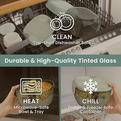 Bentgo Glass Prints Salad Container - 7.6-Cup Tinted Glass Salad Bowl with Airtight Lid, Leak-Proof Sauce Container, 4-Compartment Bento Meal Prep Tray & Reusable Fork (Mod Curve - Serene Green)