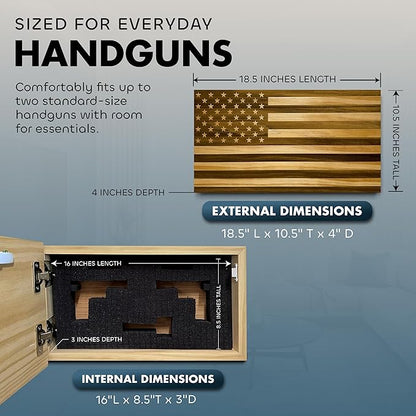 American Flag Hidden Gun Safe - Quick Access Hidden Gun Shelf - Concealment Shelf with Magnetic Lock - Wall Gun Safe for Secure Firearm Storage - Handcrafted In USA by Bellewood Designs (Natural)