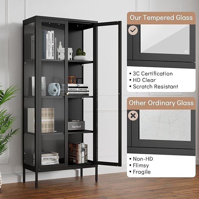Display Cabinet with 3 Side Tempered Glass, 66" Tall Curio Cabinet with Glass Doors, Black Display Case for Collectibles, Metal Storage Cabinet & Bookcase for Living Room, Assemble Required