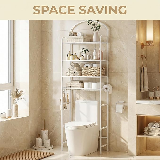 4-Tier Over The Toilet Storage, Bathroom Organizer, Space-Saving, Above Toilet Storage Rack with 4 Hooks and Paper Holder, Metal Shelf, White
