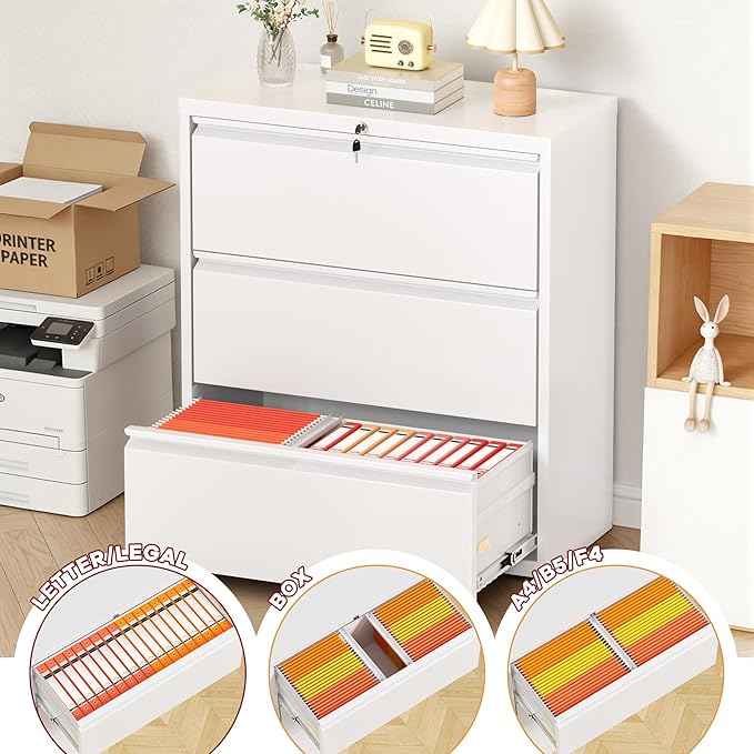 Bonusall File Cabinet, Lateral Filing Cabinet, 3 Drawer Metal File Cabinet with Lock, Lockable Filing Cabinet for Home Office, Hanging Files Letter/Legal/A4/F4 - White
