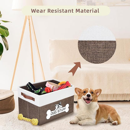 Foldable Dog Toy Box, Fabric Pet Storage, Folding Organizer Home Décor Bin with Handle, Collapsible Storage Basket for Pet Leash, Blanket, Chew Toys and Accessories, Coffee