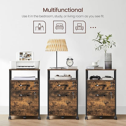 VASAGLE File Cabinet, Mobile Filing Cabinet on Wheels, for Home Office, 2 Lockable Drawers, for A4, Letter-Size Hanging File Folders, Open Shelf, Steel Frame, Rustic Brown and Ink Black UOFC077B01
